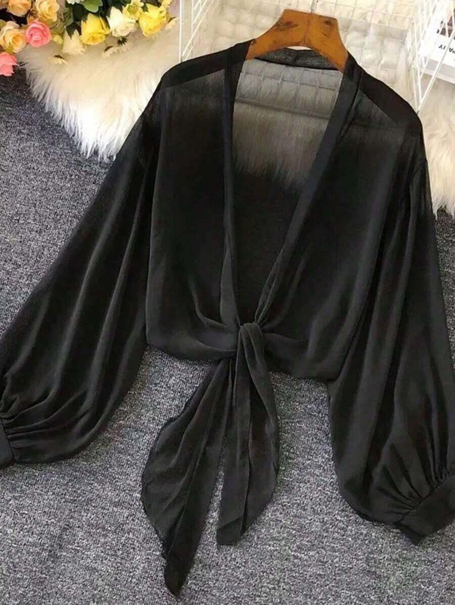 de punto con mangas farol y lazada delantera para mujer, prenda ligera de verano - Negro - Ver 1