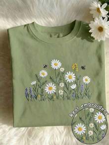 Diseño de bordado de girasol Estampado floral vibrante Camiseta de manga corta de cuello redondo casual para mujer de primavera y verano - Verde - Ver 5