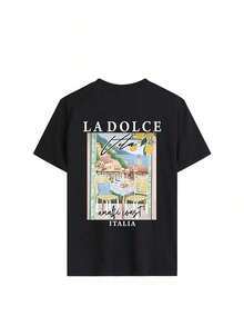 Estilo Y2K, estilo de moda, lo más nuevo de 2026, estilo lindo, estilo casual. Nueva Camiseta de Verano para Mujer, Sencilla y Colorida, con Estampado Gráfico de Letras y Pintura al Óleo, Cuello Redondo, Manga Corta Rosa, Moderna y Versátil, Adecuada para Tops de Mujer, Ropa Casual para Vacaciones y Fiestas de Primavera, 180g (Tallas S-XXXL) - Negro - Ver 2
