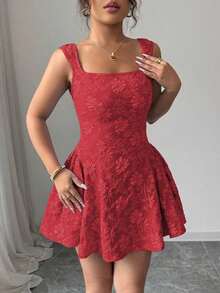 Vestido mini azul de mujer con cuello ancho, sin mangas, cintura recogida y textura de jacquard, elegante y romántico para graduación, baile de graduación, fiesta, festival de música, vacaciones - Rosa Fucsia - Ver 3