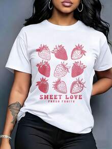 Camiseta de cuello redondo para mujer, estampado de fresas rosas, con texto "SWEET LOVE FRESH FRUITS", estilo dulce y fresco, top diario casual - Blanco - Ver 7