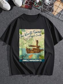 El estampado muestra un barco aventurero navegando entre hojas tropicales y aves que simbolizan libertad y exploración en selvas misteriosas, transmitiendo energía positiva y espíritu viajero camiseta de mujer  cómoda y casual para uso diario - Negro - Ver 3