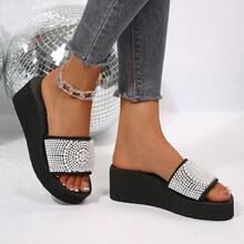 Women's Rhinestone & Faux Pearl Decor Strap Thick-Sole Beach Slippers, Vacation Style For Outdoor Wear - Black - View 4