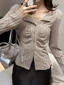 Meillard Women's Fitted Asymmetric Pleated Collar Short Knitted Cardigan Sweater Top Spring - Apricot - View 2