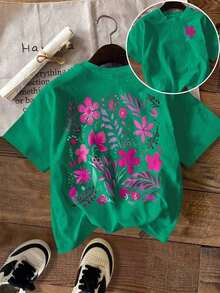 Howell Women's Plus Size Black Short Sleeve T-Shirt, Versatile Style, Hand-Painted Daisy Floral Print, Casual And Cool For Summer - 深綠色 - 查看 6