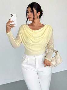 Blusa sexy de manga larga con cuello en V profundo y malla transparente ajustada para mujer de talla grande, adecuada para el Día de San Valentín, conciertos, actuaciones, citas, cenas formales, bailes de graduación, bodas, estilo sexy y elegante, para ir al trabajo, de vuelta a la escuela, vacaciones, playa, romántica, estilo sirena, fiestas de cumpleaños - Amarillo - Ver 5