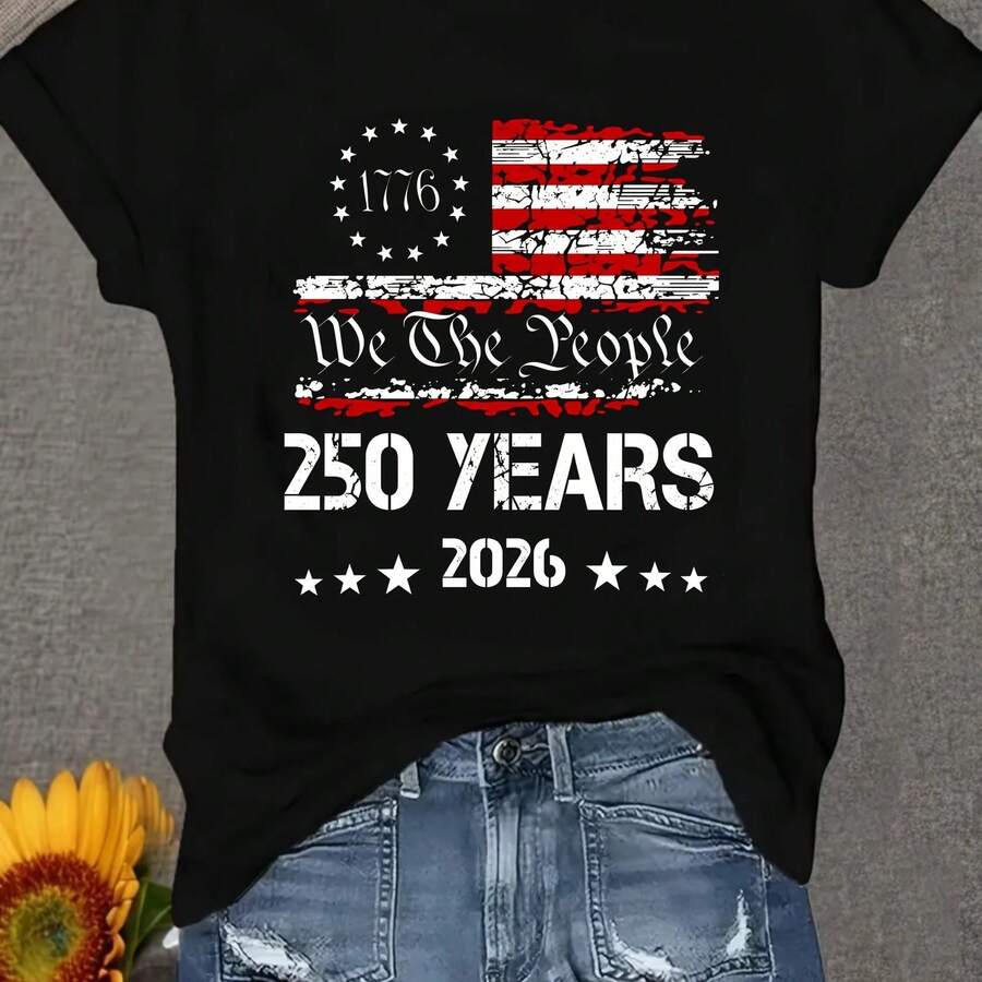 250 YEARS 2026 We The People Round-Neck Pullover Comfortable And Soft Women's T-Shirt - 黑色 - 查看 1