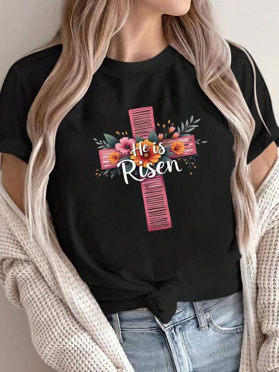 Women's Olive Green T-Shirt With Christian "He Is Risen" Print - Crew Neck, Relaxed Fit, And Breathable Short Sleeves For Spring Or Church. Machine Washable Underwear Made From Durable And Comfortable Material - 黑色 - View 1