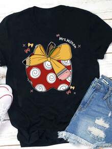 Camiseta personalizable para profesores con diseño de Apple Pencil, chaleco con patrón personalizado, ideal para la temporada de regreso a clases, perfecta para el primer día de clases, cuello redondo informal adecuado para todas las estaciones, regalo perfecto para el Día del Maestro, camisa para mujer. | Diseño exquisito |   Suelto y cómodo |   Fácil de combinar | - Negro - Ver 7