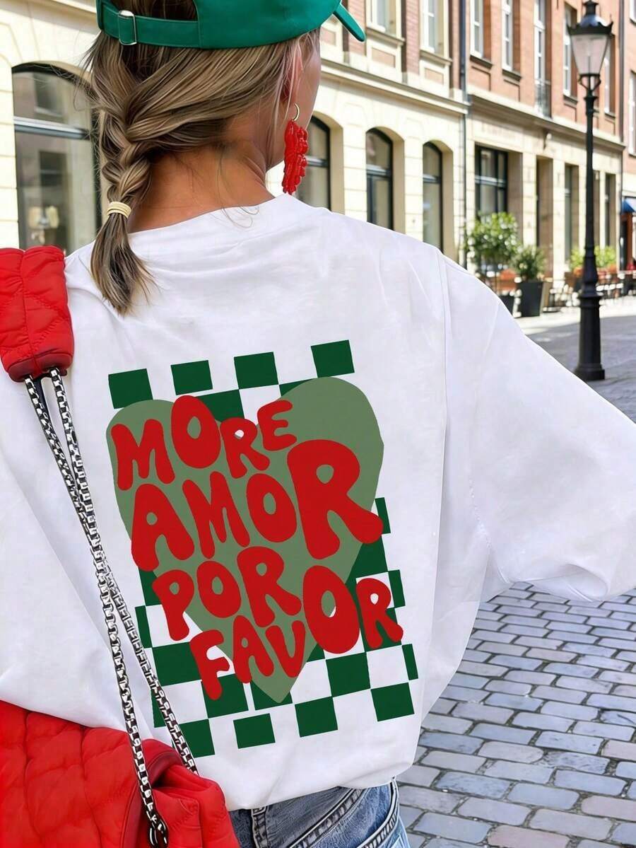 Camiseta de manga corta para mujer, de corte holgado y cuello redondo, con diseño de bloques de color a cuadros y estampado de corazón con la frase "MORE AMOR POR FAVOR", adecuada para vacaciones, oficina, salidas, uso diario, citas, fiestas, reuniones, ropa casual de calle y otras ocasiones. 100% Algodón. - Blanco - Ver 1