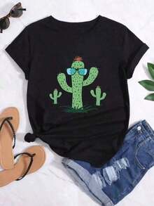 short-sleeveBlusas Bonito Camiseta de mujer con estampado de cactus, suave, de alta calidad y económica para el uso deportivo diario  Blusas Para Mujer Casual100% Cotton - Negro - Ver 6