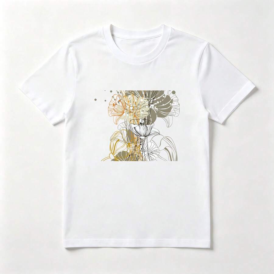 Flores Lineales Playera de Algodón Blanca Estilo Abstracto - Blanco - Ver 1