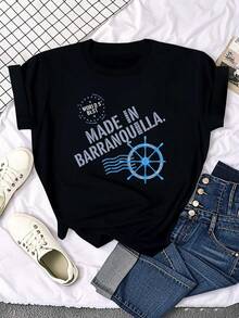 Women's Casual T-Shirt, Ocean Cultural Heritage Theme, Made In Barranquilla, Short Sleeve T-Shirt. - 黑色 - 查看 1