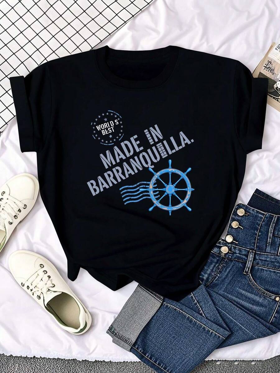 Women's Casual T-Shirt, Ocean Cultural Heritage Theme, Made In Barranquilla, Short Sleeve T-Shirt. - 黑色 - 查看 1