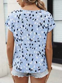 Camisa de mujer con estampado total, versátil para uso casual diario de manga corta - Azul - Ver 2