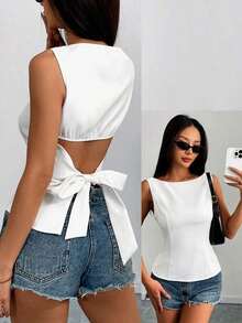 Camisa tipo camisola ajustada sin mangas con espalda abierta y lazo, unicolor.Elegante, informal, sexy y minimalista para oficina y negocio.Primavera/Verano - Blanco - Ver 9