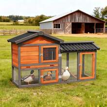 Chicken Coops,Wooden Outdoor Duck Coop, Outdoor 2-Tier Hen House  Poultry Quail Cage Rabbit Hutch Pet Hideout With Ramp,Waterproof Roof And Pull-Out Tray For Small Medium Animals-Expandable Design - 黃色 - 查看 2