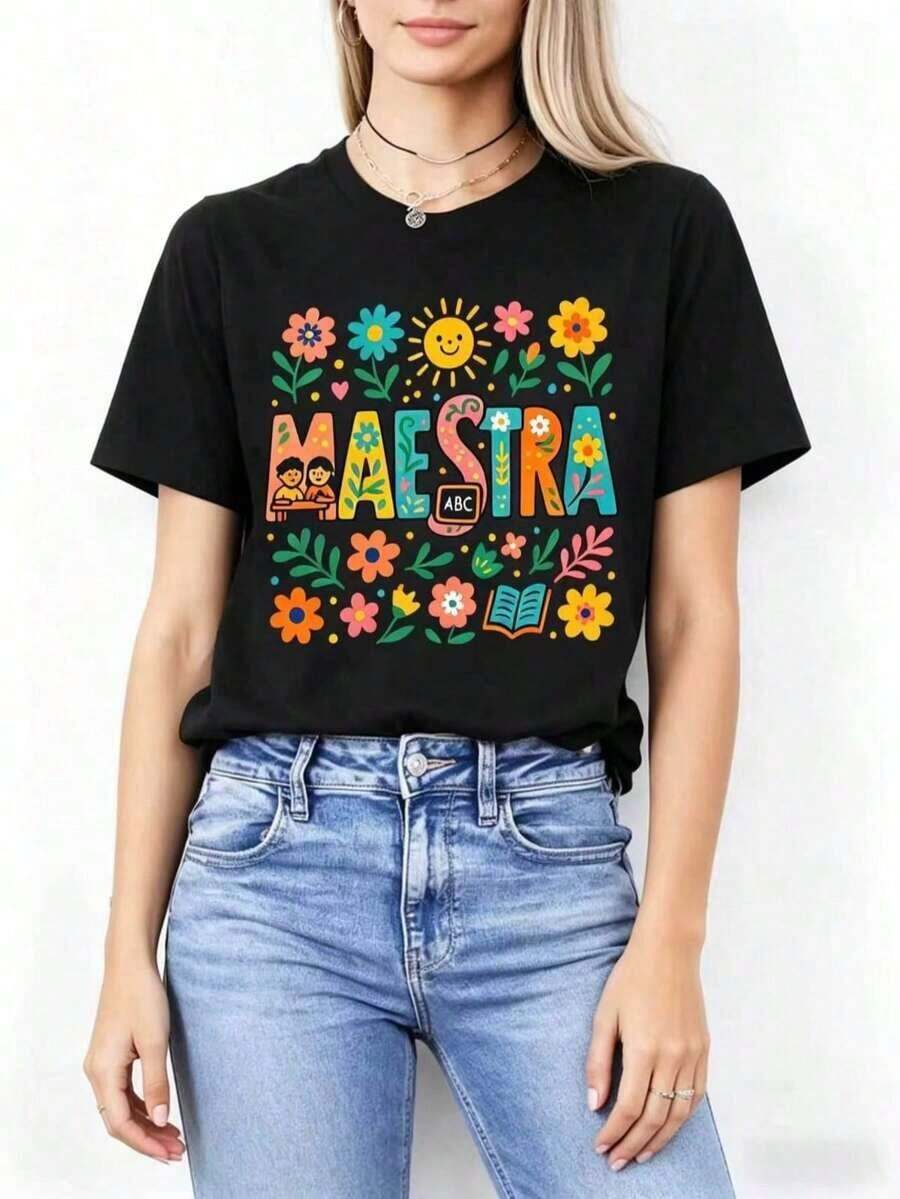 Women's Cotton T-Shirt | 100% Breathable Cotton Women's T-Shirt | Vibrant "Teacher" Graphic Tee For Women - Colorful Floral And Sun Design, Casual Short Sleeve Crew Neck Top For Spring/Summer, Light Purple With Blue Lettering, Perfect For Teachers Or Educators, Casual Wear | Playful Design | Medium Stretch Fabric - Ideal For Summer, Crew Neck, 100% Cotton, Soft Fabric, Short Sleeve - 黑色 - 查看 1