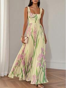 Women's Floral Print Pleated Long Dress With Straps European American Style Summer Casual Elegant Maxi Dress - 白藍色 - 查看 10