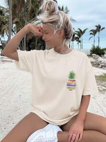 Fashionable And Personalized Y2K Women's T-Shirt, 180g Pure Cotton, Loose-Fitting Short-Sleeved Top, Urban Style Elegance, Casual And Breathable For Everyday Wear, Creative Summer Print, Outdoor Sports Gift, Bohemian Style, Pineapple, Leaves, Gold Thread. - 黑色 - 查看 11