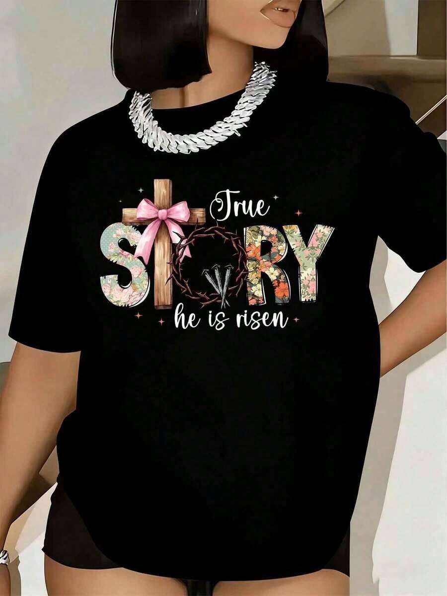 Women's Easter T-Shirt, True Story, He Has Risen, Cross And Crown Of Thorns, Floral Print, Short Sleeve, Round Neck, Casual Religious Easter Outfit, 220g - 黑色 - 查看 1