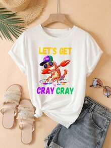 NewSummerCasualWomen's Oversized Crew Neck Graphic Tees, 100% Cotton T Shirt, Cray Cray Lobster With Hat And Sunglasses Casual Wear, Spring Short Sleeve Loose Fit Tops, Summer Fashion Basic Tees, Clothes Gift For Womens-Vintage Street Style Unisex Loose Cotton Short Sleeve Crew Neck T-Shirt - 白色 - 查看 2