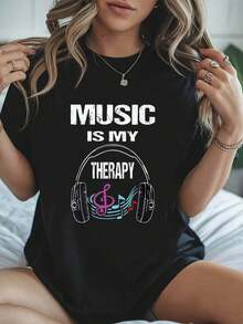 Plus Size Women's T-Shirt With 'MUSIC IS MY RELAX' Letter Print And Headphone Notes, Short Sleeve, Round Neck, Casual Style For Summer And Spring, Women's Clothing - 黑色 - 查看 7