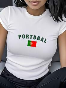 Women's T-Shirt Made Of Pure Cotton, Casual Loose Style, With Portuguese Flag Print - Short Sleeve Casual Top With Round Neck In Burgundy, Breathable And Machine Washable, Modern And Versatile For Everyday Wear, Ideal As A Gift For Travel And Holidays, Comfortable Fabric, Fashionable Design, Printed T-Shirt, Perfect For Gifting. - 白色 - 查看 1