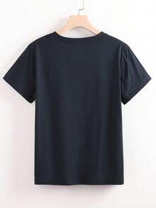 Camiseta casual de mujer de cuello redondo y manga corta con estampado de letras y limones - Azul marino - Ver 2