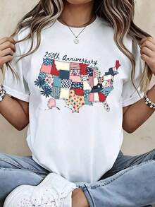 1 Piece Women's T-Shirt With Patchwork US Map Design For The 250th Anniversary, Patriotic American Flag Pattern, White Crew Neck, Casual Summer Top, Spring Clothing For Women, Summer Graphic Tees, Women's T-Shirts - 白色 - 查看 7
