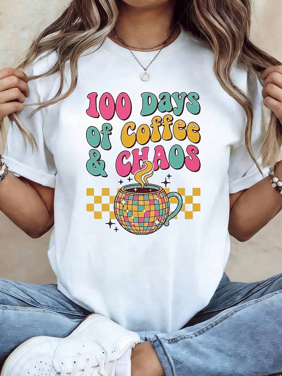 Women's T-Shirt, A Tribute To 100 Days Of Chaos And Joy In The Workplace, With A Vintage Disco Ball Print Showing 100 Days Of Coffee And Chaos, White Short-Sleeved Round Neck T-Shirt - Machine Washable, Suitable For Spring, Summer And Autumn, Casual Style. - 白色 - 查看 1