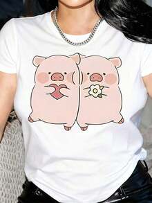 New Arrivals For Summer. Women's Short-Sleeved T-Shirt With Pink Pig And Heart Print - Soft, Comfortable, And Breathable Crew Neck Casual Top For All Seasons, Machine Washable For Everyday Wear. Blouse, Shirt > Beautiful. - 白色 - 查看 10