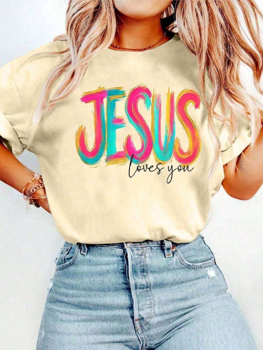 1 camiseta con estampado gráfico "Jesus Loves You", manga corta, cuello redondo, estilo casual para verano y primavera, camiseta para mujer, 180g, 100% algodón. - Blanco1 - Ver 1