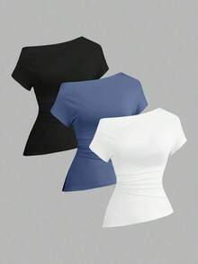 Camiseta casual asimétrica de hombro para mujer - Multicolor 10 - Ver 9