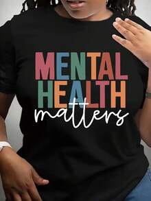 Mental Health Awareness T-Shirt For Women And Men - Pink And Blue Lettering T-Shirt, Casual Black Short Sleeve Crew Neck Top, Comfortable Fit Suitable For Promotion And Daily Self-Care, Machine Washable For Men. - 黑色 - 查看 1