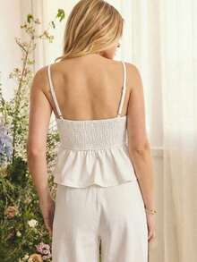 Conjunto de verano para mujer con top casual de tela de mezclilla suave, con tirantes de espagueti, bajo con volantes, ajustado al busto y silueta fluida - Blanco - Ver 2
