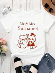 "Mr. And Mrs. Cat" Wedding T-Shirt For Couples, Personalized T-Shirt With Surnames For Couples, Bride And Groom Design With Adorable Kittens, White Cotton T-Shirt. - 白色 - 查看 4