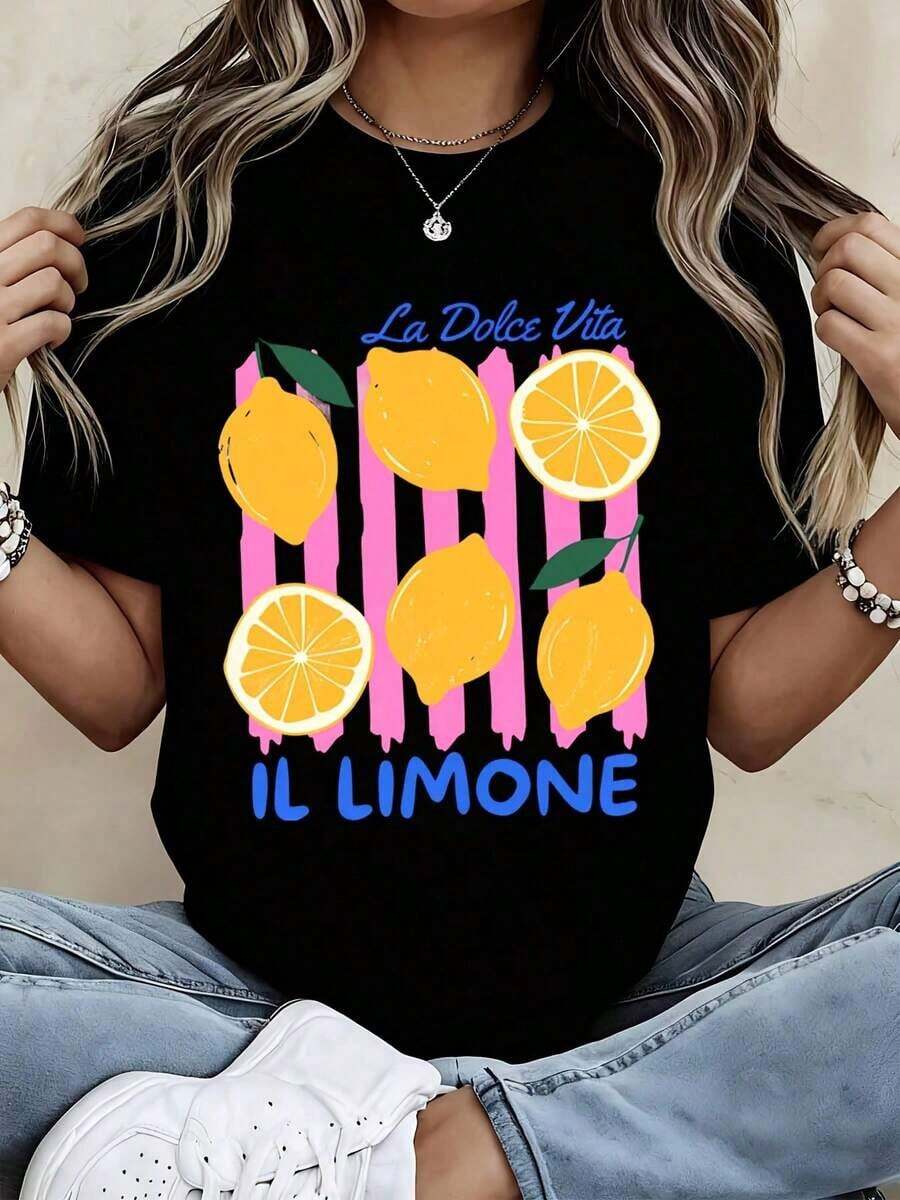 Women's Summer Tops: Summer Shirt With Lemon Print And The Texts "La Dolce Vita" And "Il Limone", Short Sleeve, Casual And Sporty Top, Cotton T-Shirt - 黑色 - 查看 1