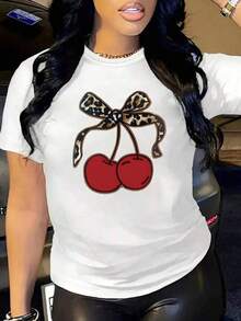 Camiseta Casual de Verano para Mujer YOCASA, con Cuello Redondo, Ajustada y de Manga Corta, con Estampado de Pintura al Óleo, Motivos Florales, de Corazones, de Cerezas y de Letras.Tela sencilla y casual, estilo deportivo, ideal para uso diario y citas de San Valentín.1 pieza, 180 g de peso, 95% poliéster, 5% spandex. - Blanco - Ver 1