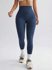 sin costuras de cintura alta de unicolor para uso diario, fitness y yoga para mujeres - Azul - Ver 5