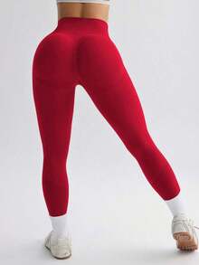 sin costuras de cintura alta de unicolor para uso diario, fitness y yoga para mujeres - Rojo - Ver 3