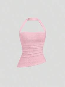 Camiseta de mujer de cuello halter liso, casual para uso diario estilo Y2K - Rosa Pálido - Ver 1
