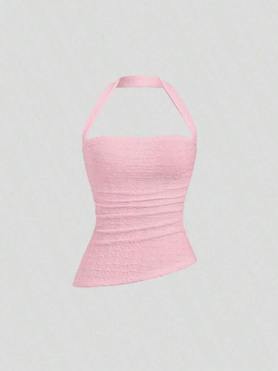 Camiseta de mujer de cuello halter liso, casual para uso diario estilo Y2K - Rosa Pálido - Ver 1