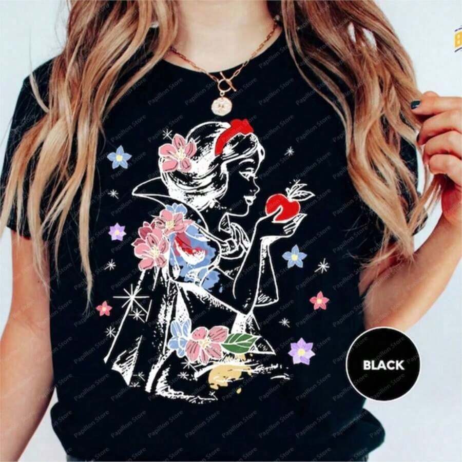 Giftss Retro T-Shirt, Seven Snow Dwarfs T-Shirt, Flower T-Shirt, Magic Kingdom, Princess, Family, Cotton, Short Sleeve, Soft - 黑色 - 查看 1
