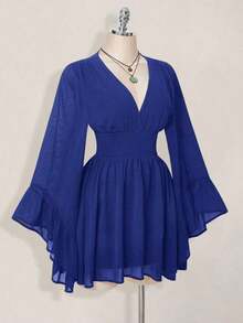Navy Blue Solid Color Dress – Mini, Long Lantern Sleeve, Gathered Waist With Flared Skirt, Western Style For Spring And Summer - Blue - View 4