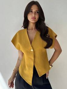 Blusa casual de manga murciélago asimétrica de unicolor mostaza, elegante, simple, estilosa y minimalista, versátil para el uso diario y el transporte, de alta gama, minimalista y desconstructiva, con manga de murciélago oversize y cuello en V de - Amarillo - Ver 6