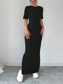Vestido largo de mujer de unicolor con cuello en V, bajo con abertura, manga corta - Vestido maxi de mujer ajustado - Vestido de mujer elegante y clásico de alta calidad - Negro - Ver 4