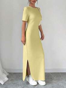 Vestido largo de mujer de manga corta con cuello en V y bajo dividido, de unicolor, vestido maxi elegante de color burdeos, vestido largo ajustado, vestido largo rojo, vestido maxi de manga corta para mujer, vestidos de mujer, vestido largo ajust - Amarillo claro - Ver 4