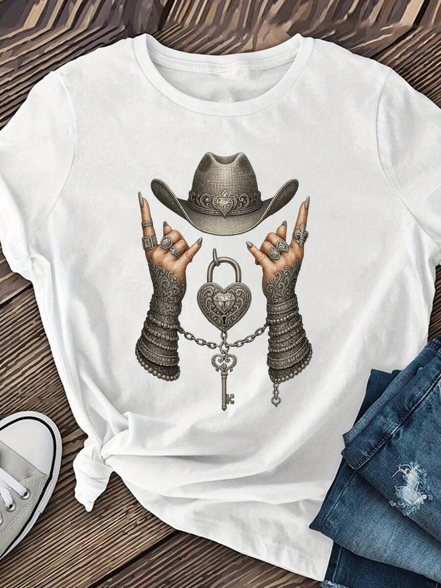 Women's Graphic Denim T-Shirt - Western Country Music Festival Tee - Brown Shirt With Metallic Details - Casual Stretch Top For Parties And Themed Events, Machine Washable Crew Neck, Denim Theme Clothing, Medium Stretch Fabric, Spring-Summer Outfit, Short Sleeve, Comfortable, Ideal For Festivals - 白色 - 查看 1