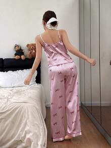 Conjunto de pijama de mujer con pajarita y top de camisola con estampado de rayas de seda sintética y pantalones - Rosa 2 - Ver 2